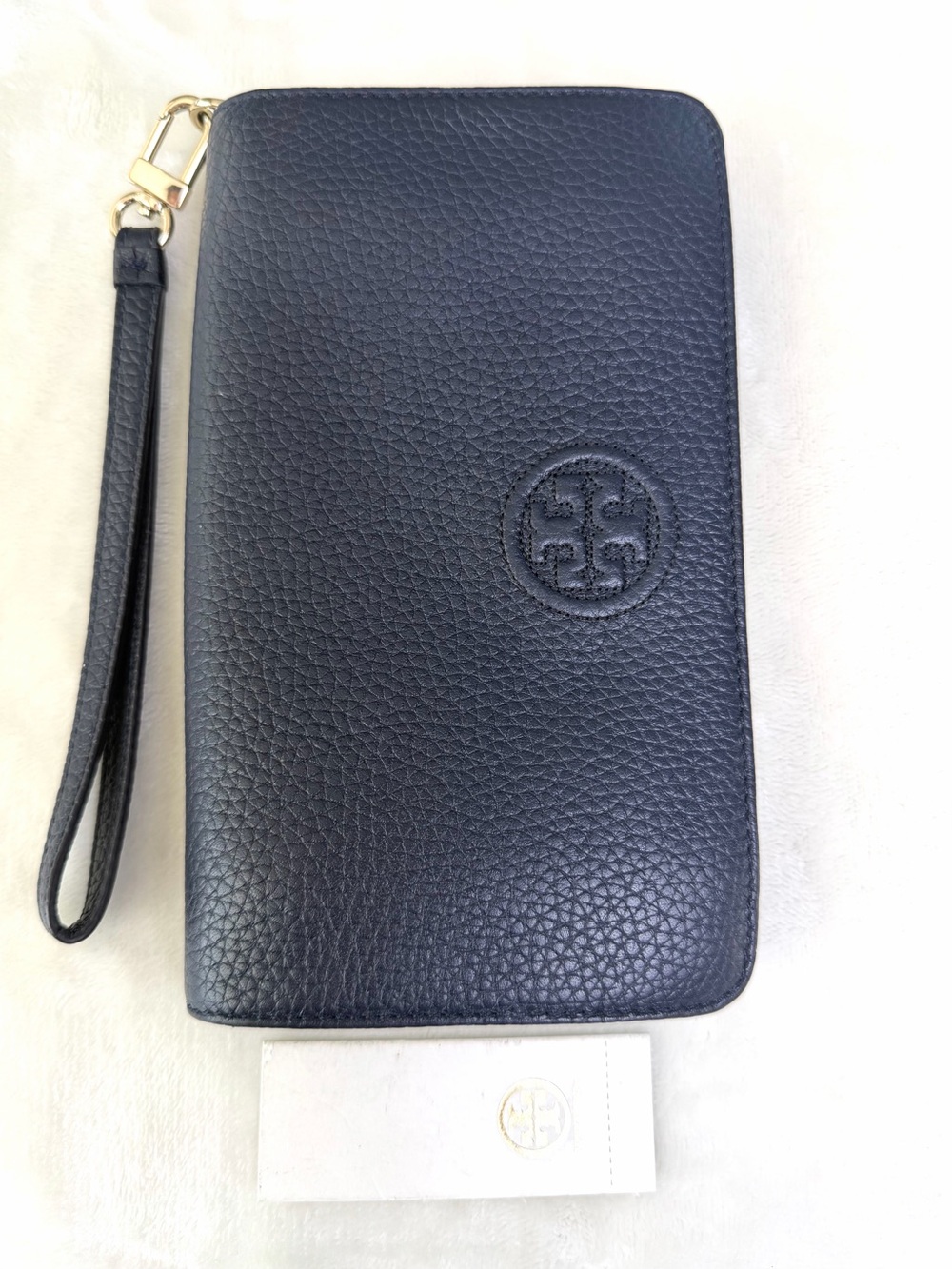 Tory Burch Navy Blue Pebble Leather Wristlet Zip Wallet - Like New